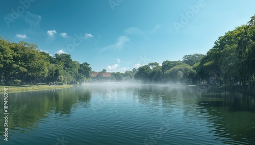 Serene water view with mountain reflection and vibrant foliage, highlighting seasonal change, autumn