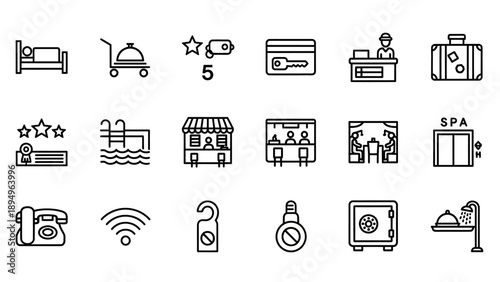 Collection of Simple Line Icons Representing Hotel Services.