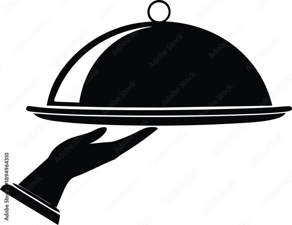 Fototapeta premium Server's Delight: An elegant server hand presents a gleaming silver cloche atop a matching plate, evoking anticipation for a delicious meal