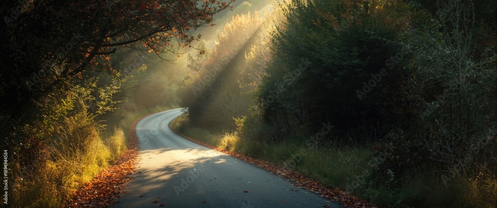 Obraz premium Vegetation-lined country road with sunlight filtering through in Greece