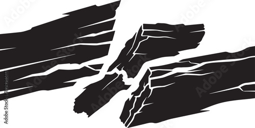 Cracked Black Wooden Plank Broken in Half Illustration