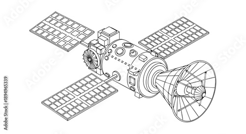 Black and white vector illustration of a satellite with solar panels and a dish antenna, an isolated graphic