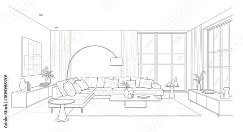 Modern Living Room Interior Design Sketch.