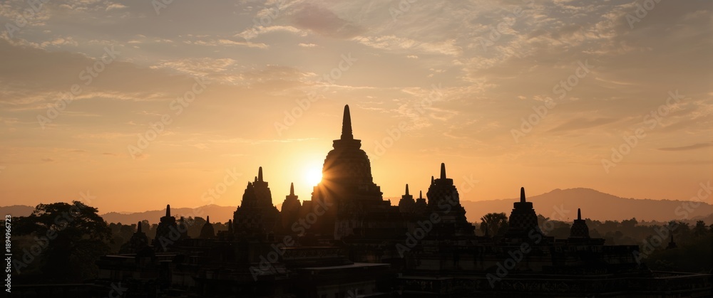Obraz premium Borobudur Temple Buddha Statues Silhouettes, UNESCO World Heritage Site in Java, Indonesia
