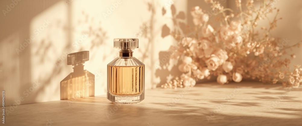 Fototapeta premium Aroma perfume bottle in glass packaging illuminated by sunlight