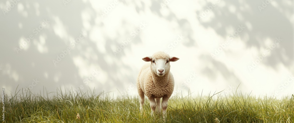 Fototapeta premium A cute sheep standing before a big red pen, knowing it's being photographed, left behind by its flock