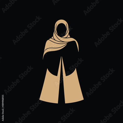 Simple illustration of a woman wearing a headscarf and long dress in gold