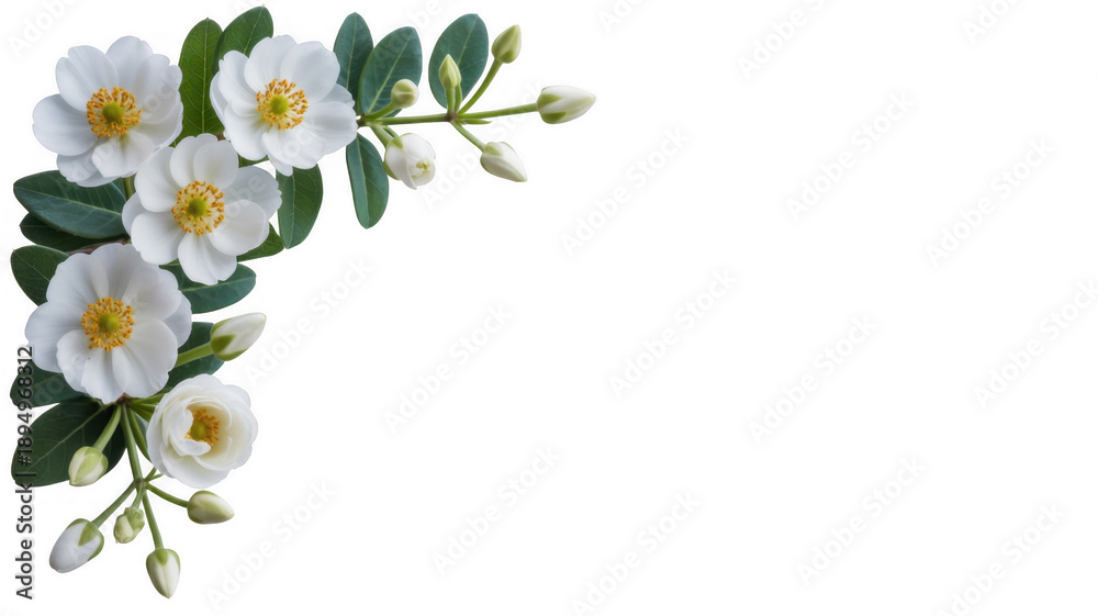 Fototapeta premium White Flowers with Green Leaves isolated on a transparent background