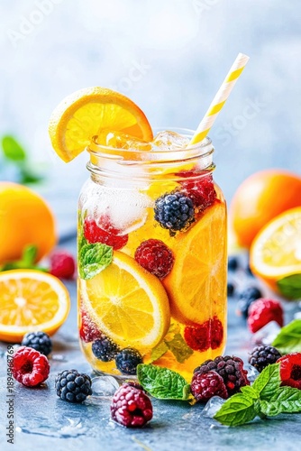 Refreshing berry lemonade in a jar with fresh mint on a sunny day outdoors