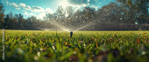 Panel kuchenny z motywem Sunlit park or city garden with a lush green lawn and water splashes from an automatic sprinkler system