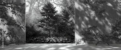 Panel kuchenny z motywem Backdrop of abstract shadows including gray leaves, real trees reflecting concrete walls, fallen branches on white walls, and black and white wallpaper