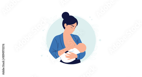 Beautiful illustration of a mother gently breastfeeding her newborn baby in a circular frame with floral accents.