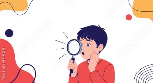 Curious boy looks through a magnifying glass with a surprised expression against a colorful abstract background.
