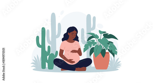 Pregnant woman sits comfortably in a meditation pose surrounded by green cacti and a large potted houseplant.