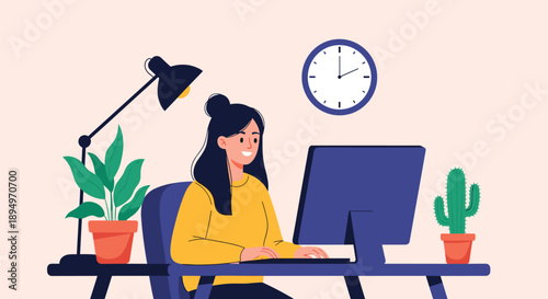 Professional woman works on her computer at a tidy desk with a desk lamp, clock, and houseplants in a home office.