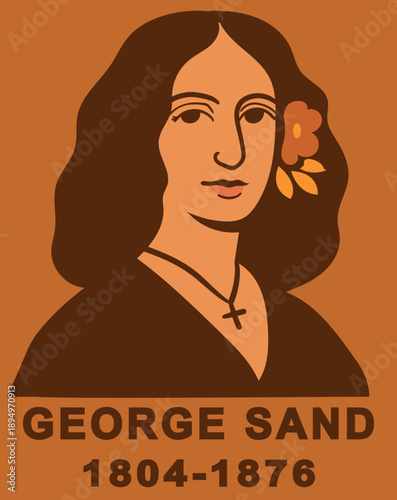 vector Portrait of George Sand. a woman with a flower in her hair on an orange background, the inscription “GEORGE SAND 1804-1876", vintage flat design, homage to the literary character.