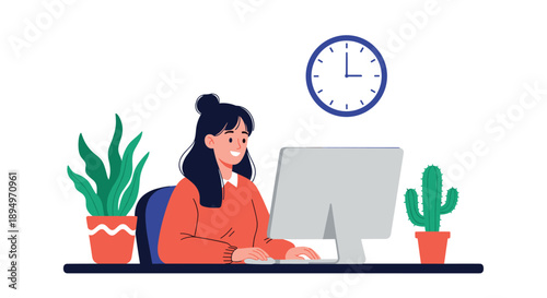 Productive woman sitting at a desk and working on her computer in a bright office space with potted cacti and plants.