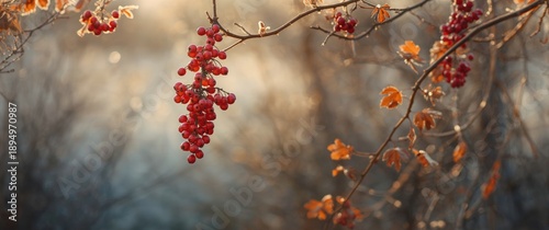 Branches with red mountain ash berries during fall