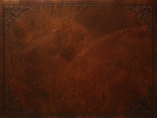 Rich brown leather texture background with embossed ornate vintage decorative borders. This elegant, dark template provides copy space for a classic design.