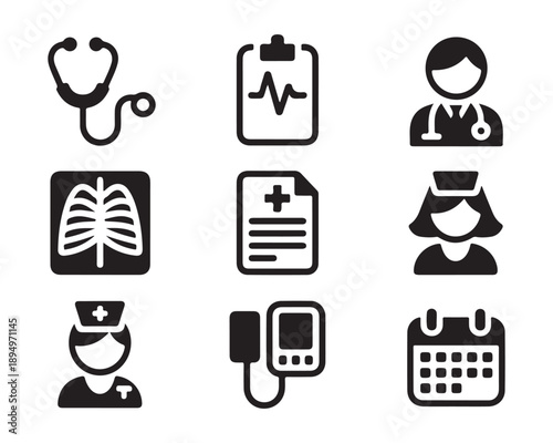Medical icons set with stethoscope, clipboard, and x-ray
