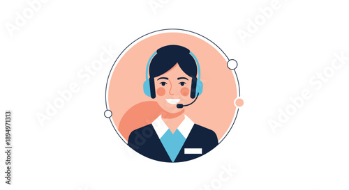 Professional female call center agent wearing a headset and smiling in a clean circular avatar icon illustration.