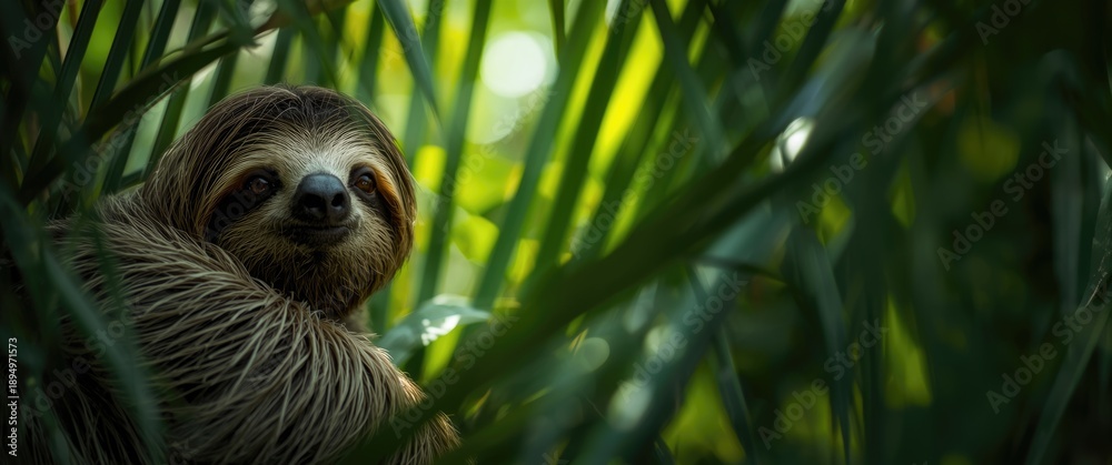Obraz premium Detailed shot of a sloth resting among green leaves, highlighting its peaceful face and textured fur