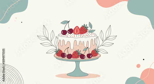 Mouthwatering layer cake decorated with fresh strawberries and cherries on a stylish pedestal stand with leaves.