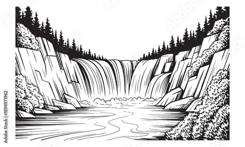 Black and white waterfall landscape illustration