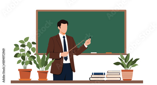 Confident male teacher in professional suit standing in front of a green chalkboard with pointer and textbooks on a table in classroom.