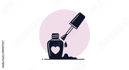 Minimalist icon of a nail polish bottle with a heart on it and a brush dripping paint against a soft pink circular background element.