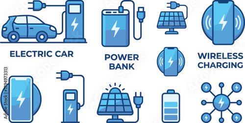 Blue icons illustrating electric car charging and power bank technology Keywords: electric car, charging station, power bank