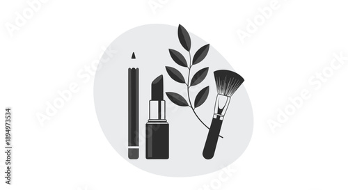 Black and white illustration of makeup essentials including lipstick makeup brush and eyeliner pencil with a natural leaf branch.