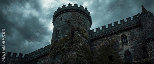 Ancient church fortified tower with masonry bricks background, showcasing wall, architecture, old stone, castle, religious tourism, medieval design