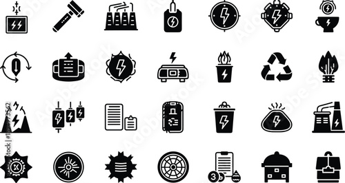 Collection of 24 black and white icons representing energy and electricity concepts Keywords: energy, electricity, power