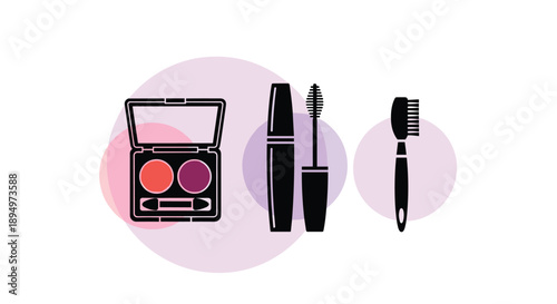 Set of makeup icons featuring a colorful eyeshadow palette mascara with applicator brush and a small grooming comb for beauty care.