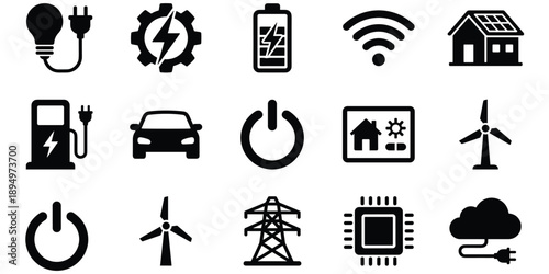 Collection of black icons for energy, technology, and smart home concepts Keywords: energy, technology, icons, electricity