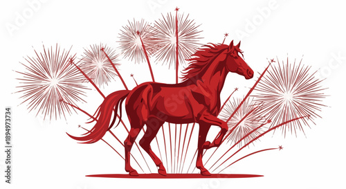Majestic Red Horse Galloping with Fireworks Display.