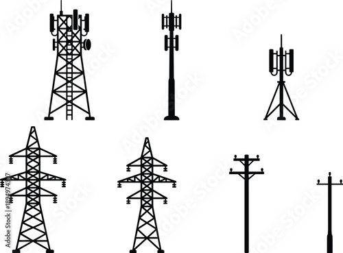 Collection of various communication and electricity transmission towers and poles Keywords: tower, communication tower, cell