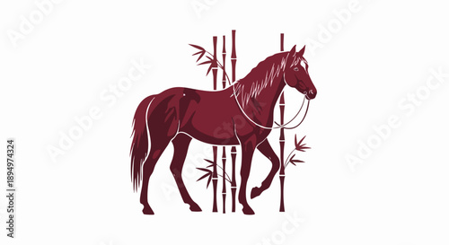 Elegant Chestnut Horse Standing Gracefully with Bamboo Stalks.