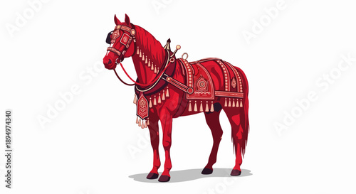 Elegant Red Horse Adorned with Traditional Festive Decorations.