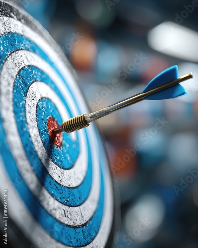 A blue and white target with an arrow directly in the bull's eye against a blurred background. The background symbolizes the achievement of goals and set results.