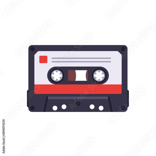Vintage cassette tape with reels and label, colorful vector flat style illustration
