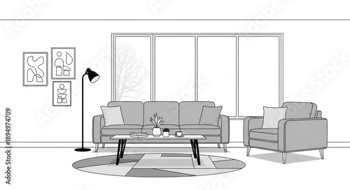 Modern Living Room Interior Sketch with Sofa and Armchair.