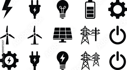 Grid of Black Icons for Electricity, Energy, and Power Infrastructure symbols lightning bolt