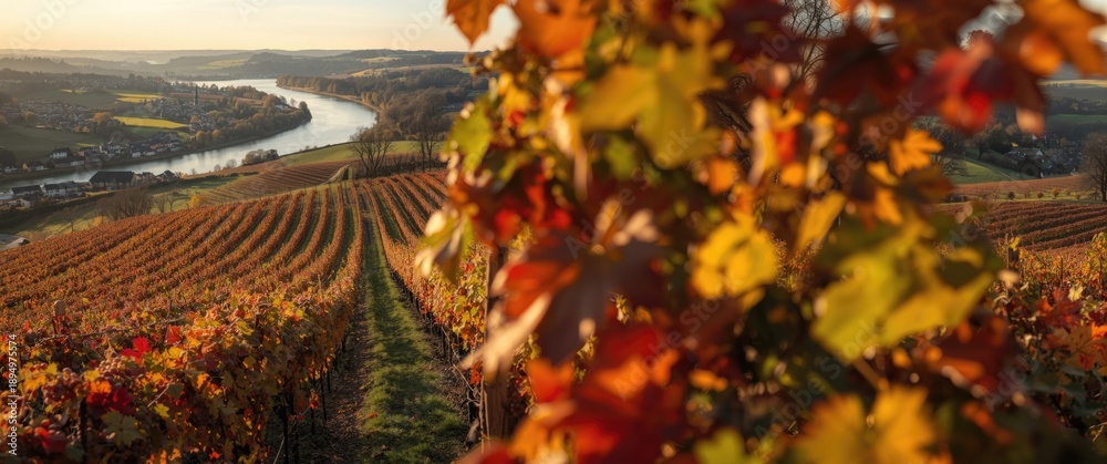 Naklejka premium Autumn Scenic Panorama Showing Colorful Vineyards, Grapes, and River in a Vibrant Landscape with Red Wine and Hiking Path