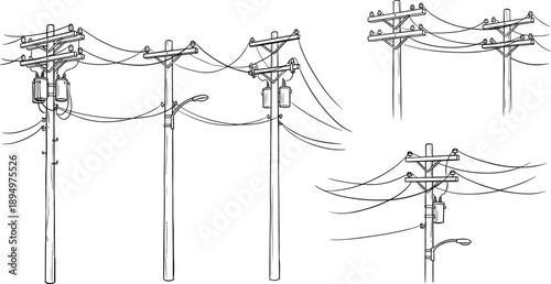 Hand Drawn Electricity Poles with Transformers and Streetlights on White Keywords: electricity pole, power line, utility pole