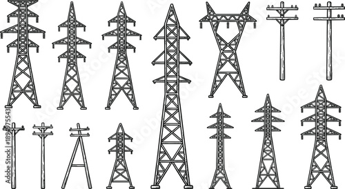 Hand- Drawn Illustrations of Electricity Towers and Wooden Poles power pylon transmission tower