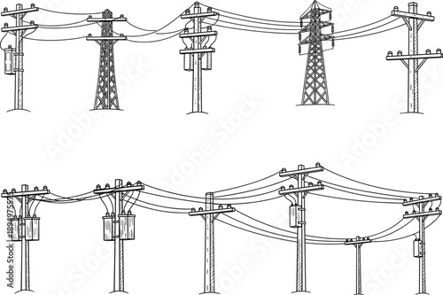 Hand Drawn Sketch of Electricity Poles and Transformers with Wires Keywords: electricity, power lines, poles, transformers