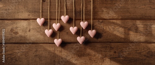 Hanging pink hearts on a string with a wooden background