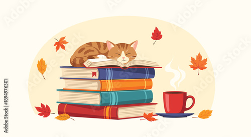 Adorable striped cat sleeps peacefully on a stack of colorful books surrounded by falling autumn leaves and coffee.